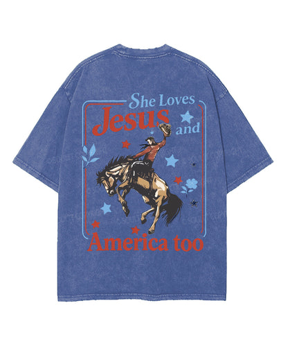 She Loves Jesus And America Double Sided Unisex Washed Christian T-shirt