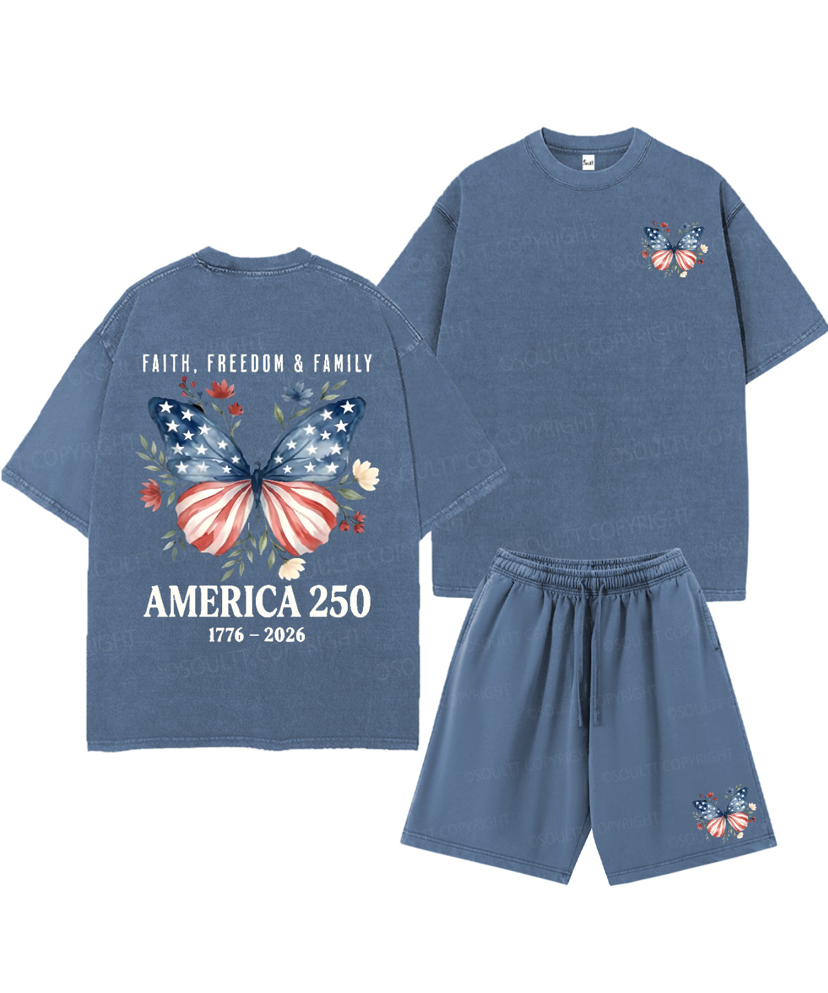 250 Years America Anniversary Double Sided Unisex Christian Washed T-Shirt & Shorts