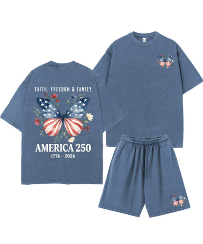 250 Years America Anniversary Double Sided Unisex Christian Washed T-Shirt & Shorts