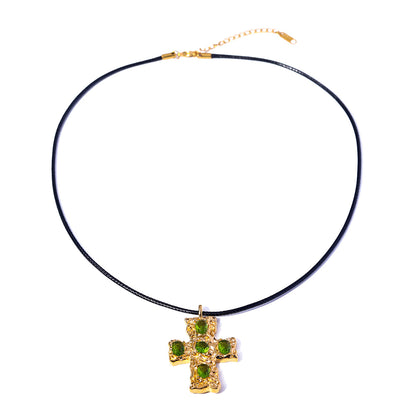 Fashion Vitality Zircon Cross Leather Rope Necklace