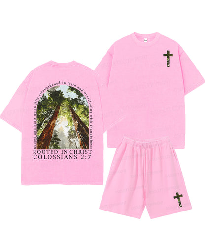 Rooted In Christ Double Sided Unisex Christian Washed T-Shirt & Shorts