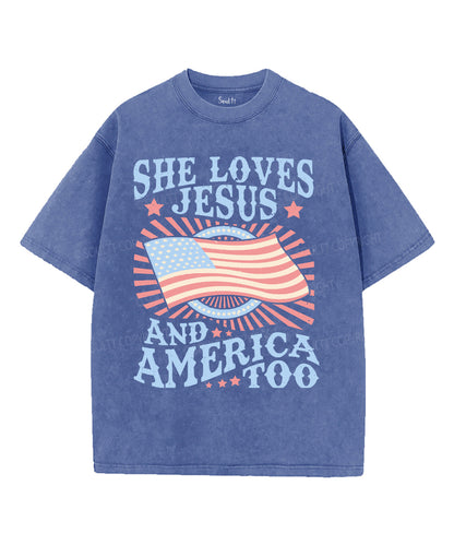 She Loves Jesus And America Too Unisex Washed Christian T-shirt
