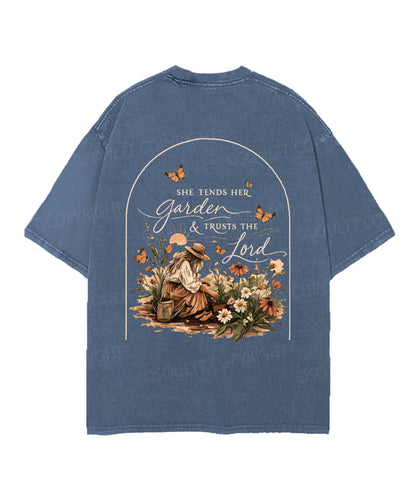 She Tends Her Garden Double Sided Unisex Christian Washed T-Shirt & Shorts