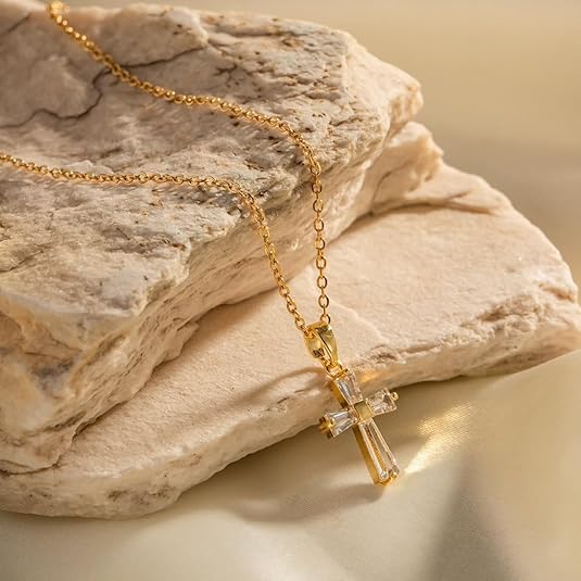 18K Gold Stainless Steel Zirconia Elegant Cross Necklace