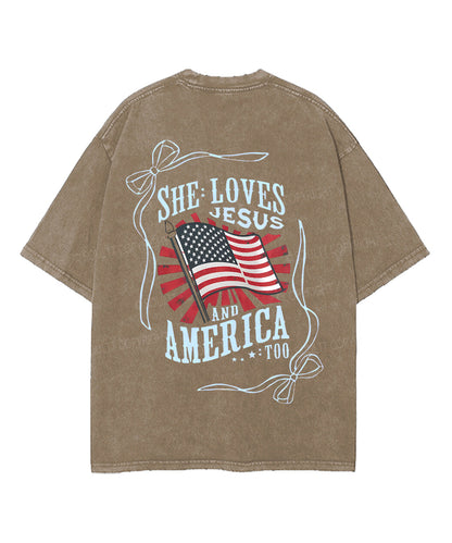She Loves Jesus And America Too Double Sided Unisex Washed Christian T-shirt