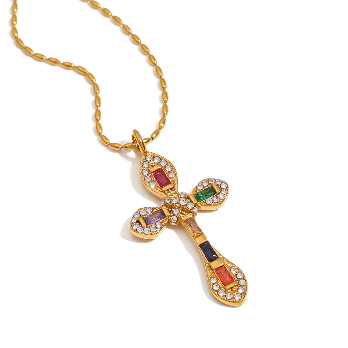 Multi-jewel 18K Gold Titanium Steel Cross Necklace