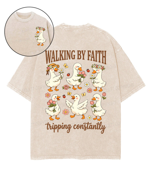Walking By Faith Tripping Constantly Double Sided Unisex Washed Christian T-shirt