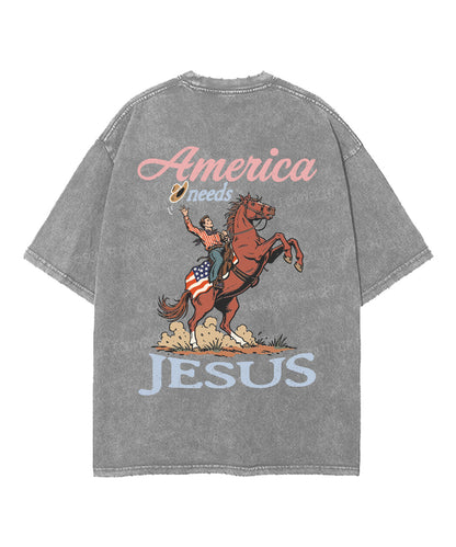America Needs Jesus Double Sided Unisex Washed Christian T-shirt