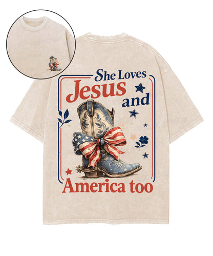 She Loves Jesus And America Too Double Sided Unisex Washed Christian T-shirt