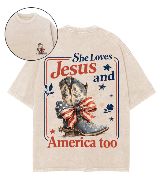 She Loves Jesus And America Too Double Sided Unisex Washed Christian T-shirt