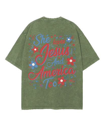 She Loves Jesus And America Double Sided Unisex Washed Christian T-shirt
