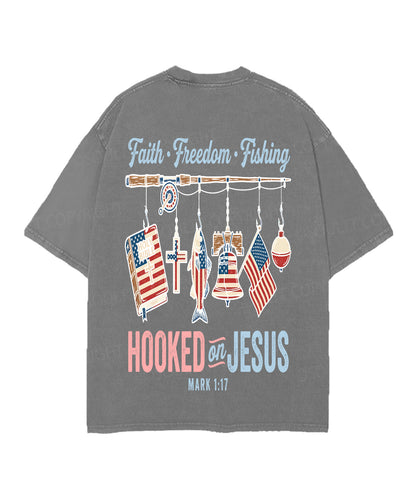 Hooked On Jesus Double Sided Unisex Christian Washed T-Shirt & Shorts