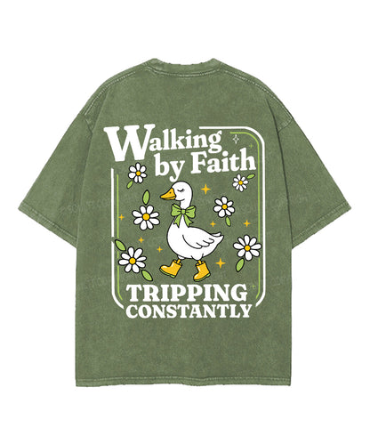Walking By Faith Tripping Constantly Double Sided Unisex Washed Christian T-shirt