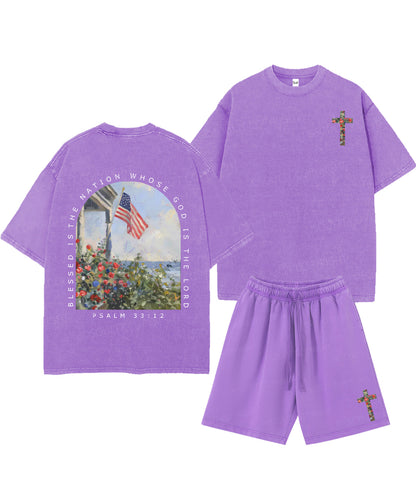 Blessed Is The Nation Whose God Is The Lord Double Sided Unisex Christian Washed T-Shirt & Shorts