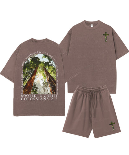 Rooted In Christ Double Sided Unisex Christian Washed T-Shirt & Shorts
