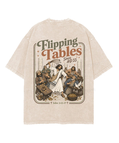 Flipping Tables Jesus Double Sided Unisex Washed Christian T-shirt