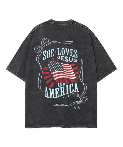 She Loves Jesus And America Too Double Sided Unisex Washed Christian T-shirt