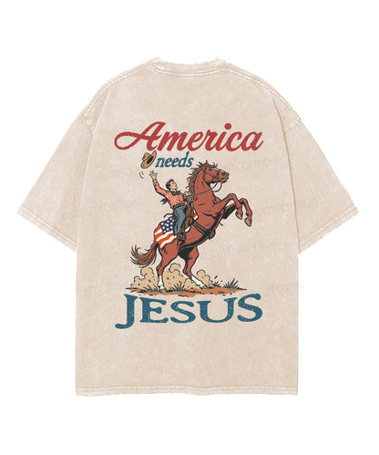 America Needs Jesus Double Sided Unisex Washed Christian T-shirt