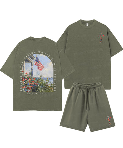 Blessed Is The Nation Whose God Is The Lord Double Sided Unisex Christian Washed T-Shirt & Shorts