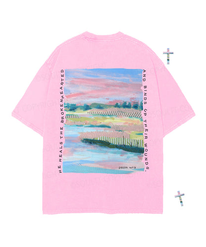 He Heals The Brokenhearted Double Sided Unisex Christian Washed T-Shirt & Shorts