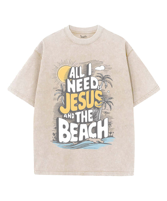All I Need Jesus And The Beach Unisex Washed Christian T-shirt