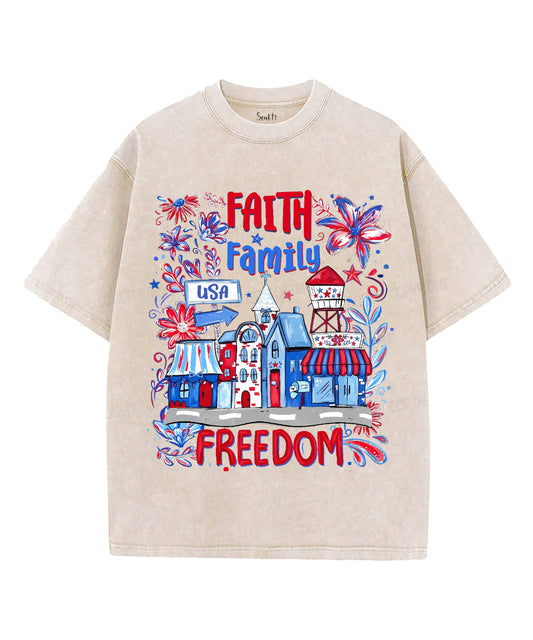 Faith Family Freedom Unisex Washed Christian T-shirt