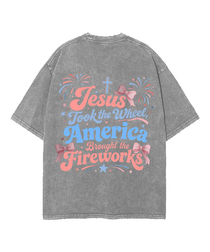 Jesus Took The Wheel America Double Sided Unisex Washed Christian T-shirt
