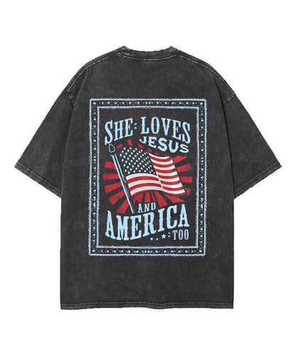 She Loves Jesus And America Too Double Sided Unisex Washed Christian T-shirt