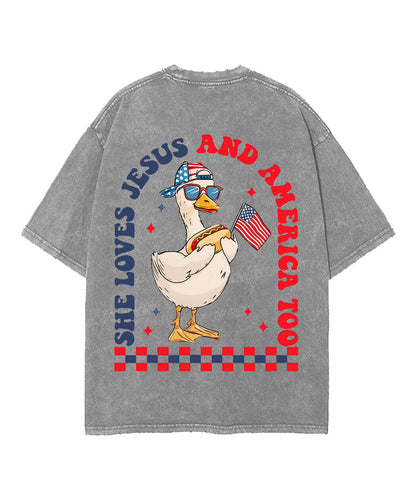 She Loves Jesus And America Double Sided Unisex Washed Christian T-shirt