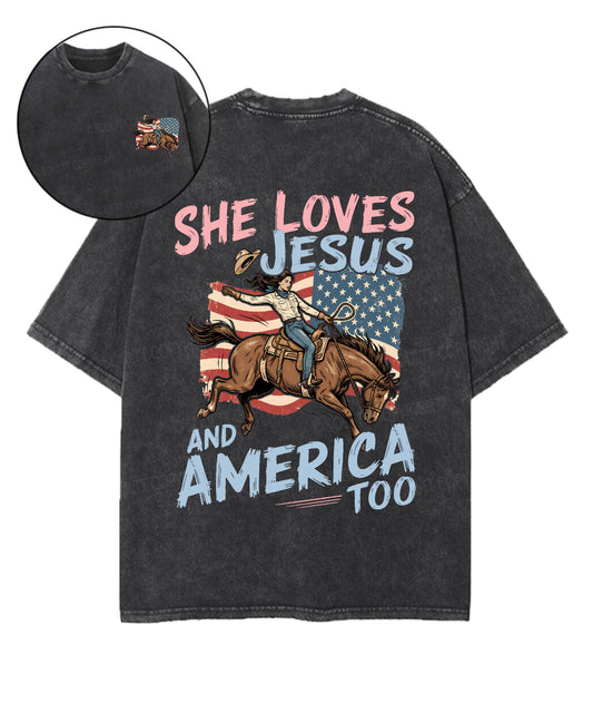 She Loves Jesus And America Double Sided Unisex Washed Christian T-shirt