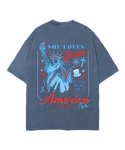 She Loves Jesus And America Too Double Sided Unisex Christian Washed T-Shirt & Shorts