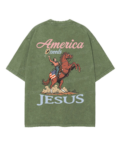 America Needs Jesus Double Sided Unisex Washed Christian T-shirt