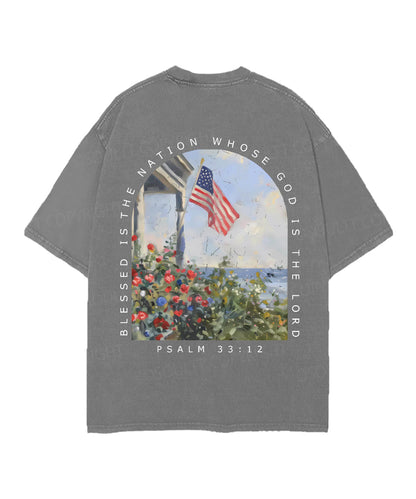 Blessed Is The Nation Whose God Is The Lord Double Sided Unisex Christian Washed T-Shirt & Shorts