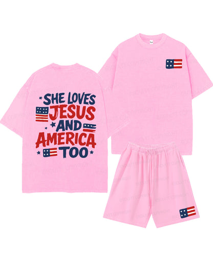 She Loves Jesus And America Too Double Sided Unisex Christian Washed T-Shirt & Shorts