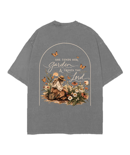 She Tends Her Garden Double Sided Unisex Christian Washed T-Shirt & Shorts