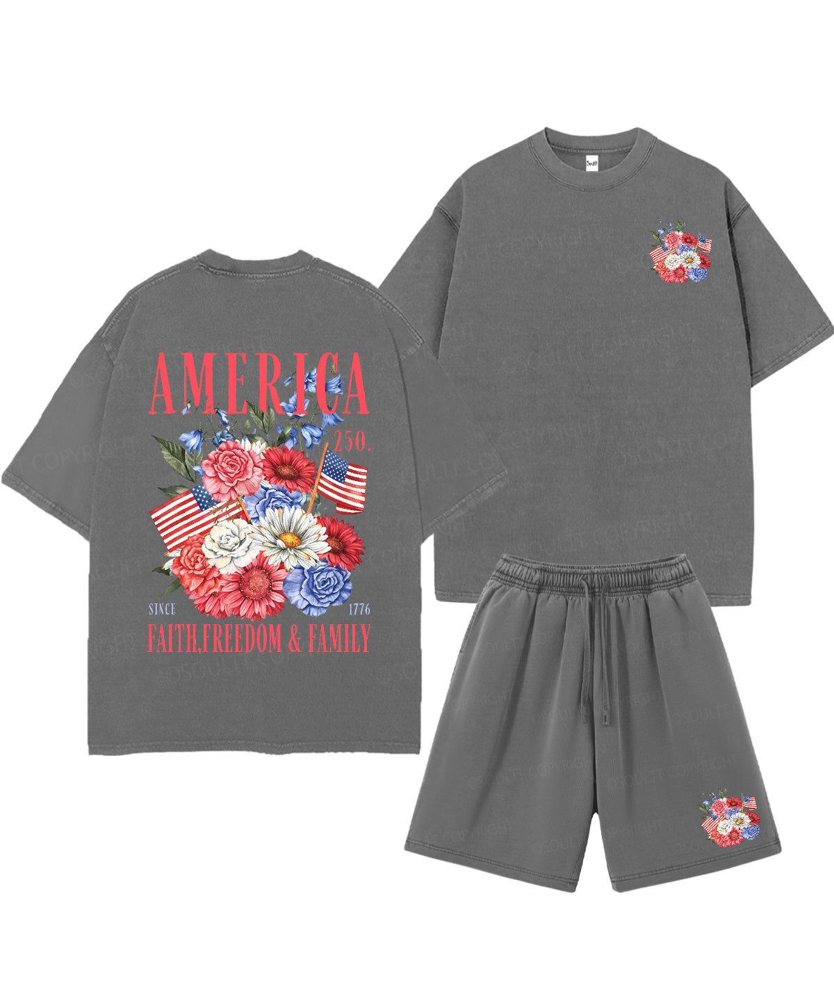 250 Years America Anniversary Double Sided Unisex Christian Washed T-Shirt & Shorts