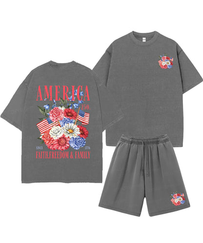 250 Years America Anniversary Double Sided Unisex Christian Washed T-Shirt & Shorts