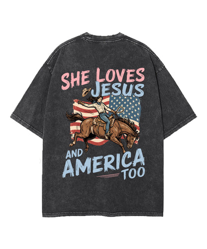 She Loves Jesus And America Double Sided Unisex Washed Christian T-shirt