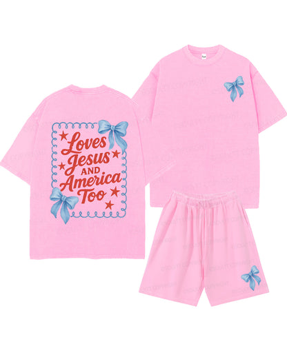 Loves Jesus And America Too Double Sided Unisex Christian Washed T-Shirt & Shorts