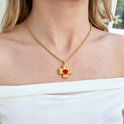 18k Gold Red Heart-shaped Zircon Cross Necklace