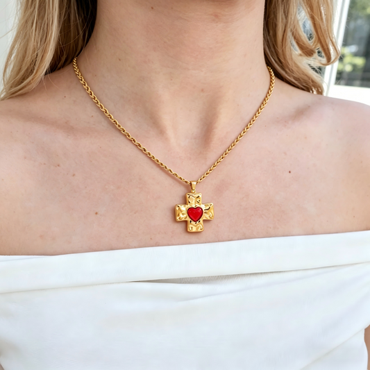 18k Gold Red Heart-shaped Zircon Cross Necklace