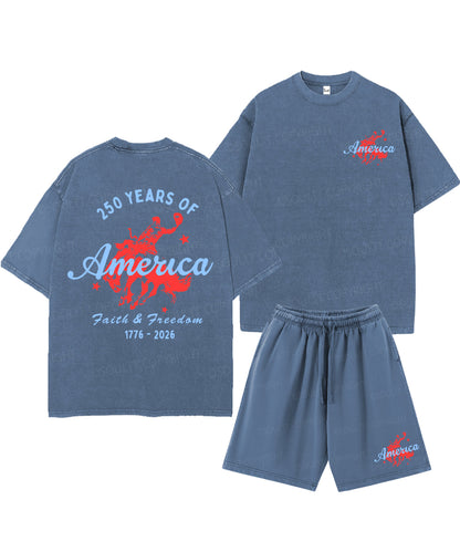 250 Years America Anniversary Double Sided Unisex Christian Washed T-Shirt & Shorts