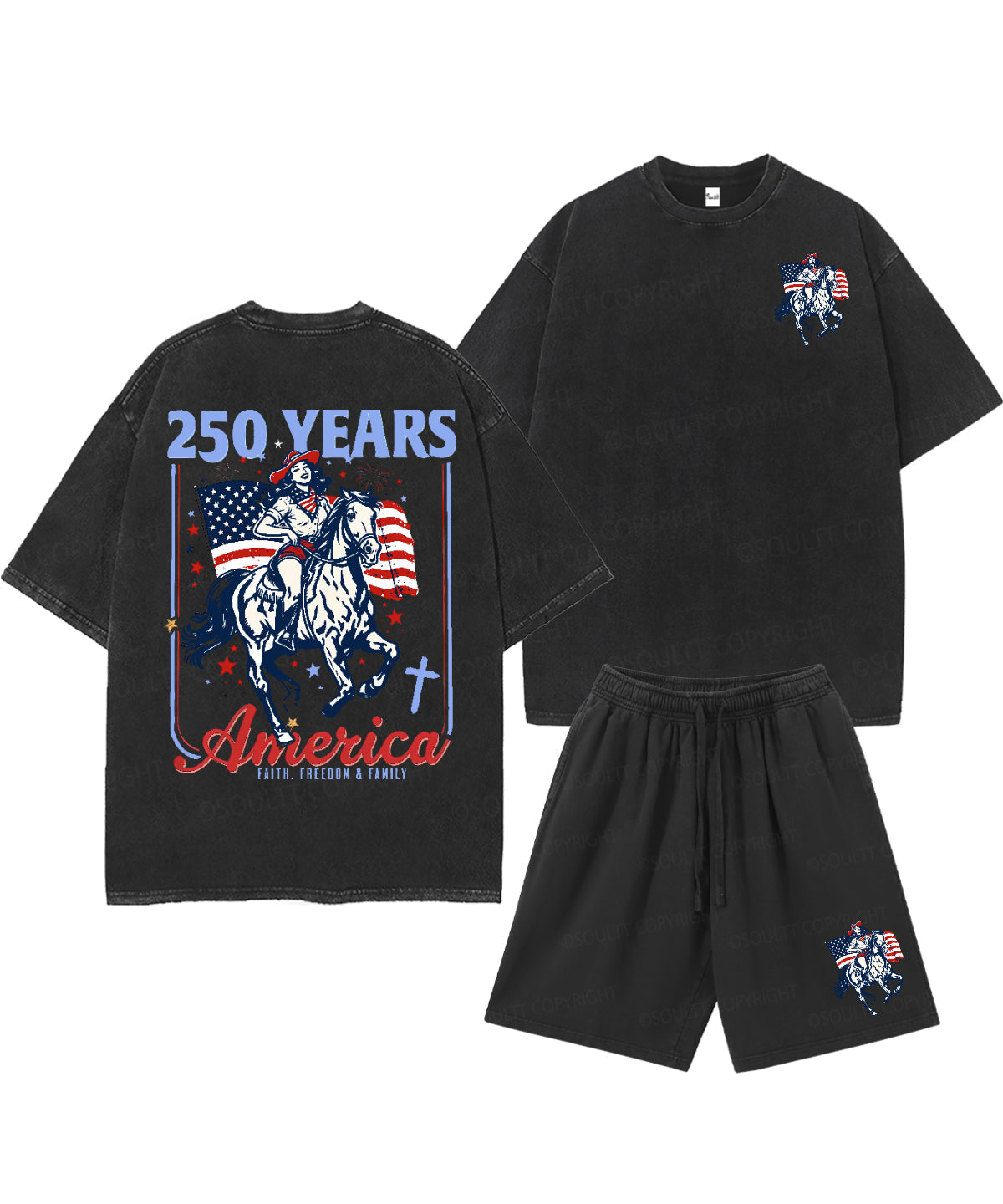 250 Years America Anniversary Double Sided Unisex Christian Washed T-Shirt & Shorts