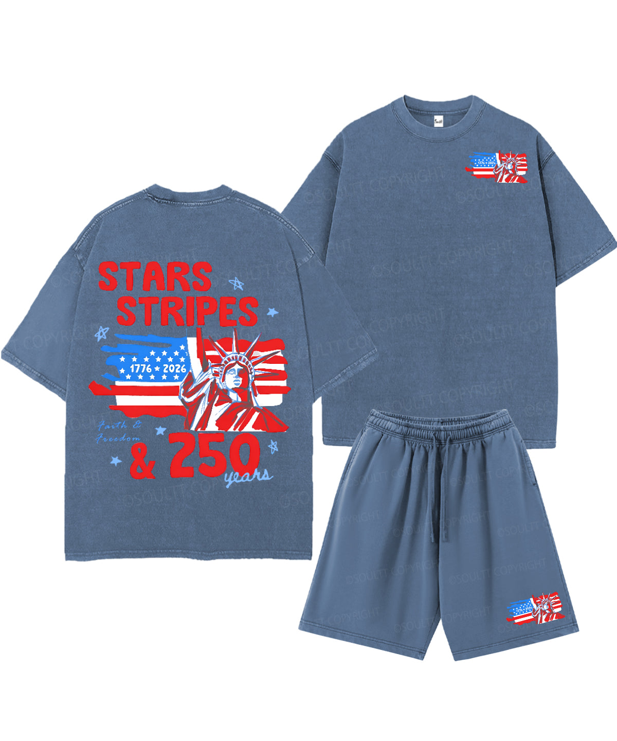 250 Years America Anniversary Double Sided Unisex Christian Washed T-Shirt & Shorts