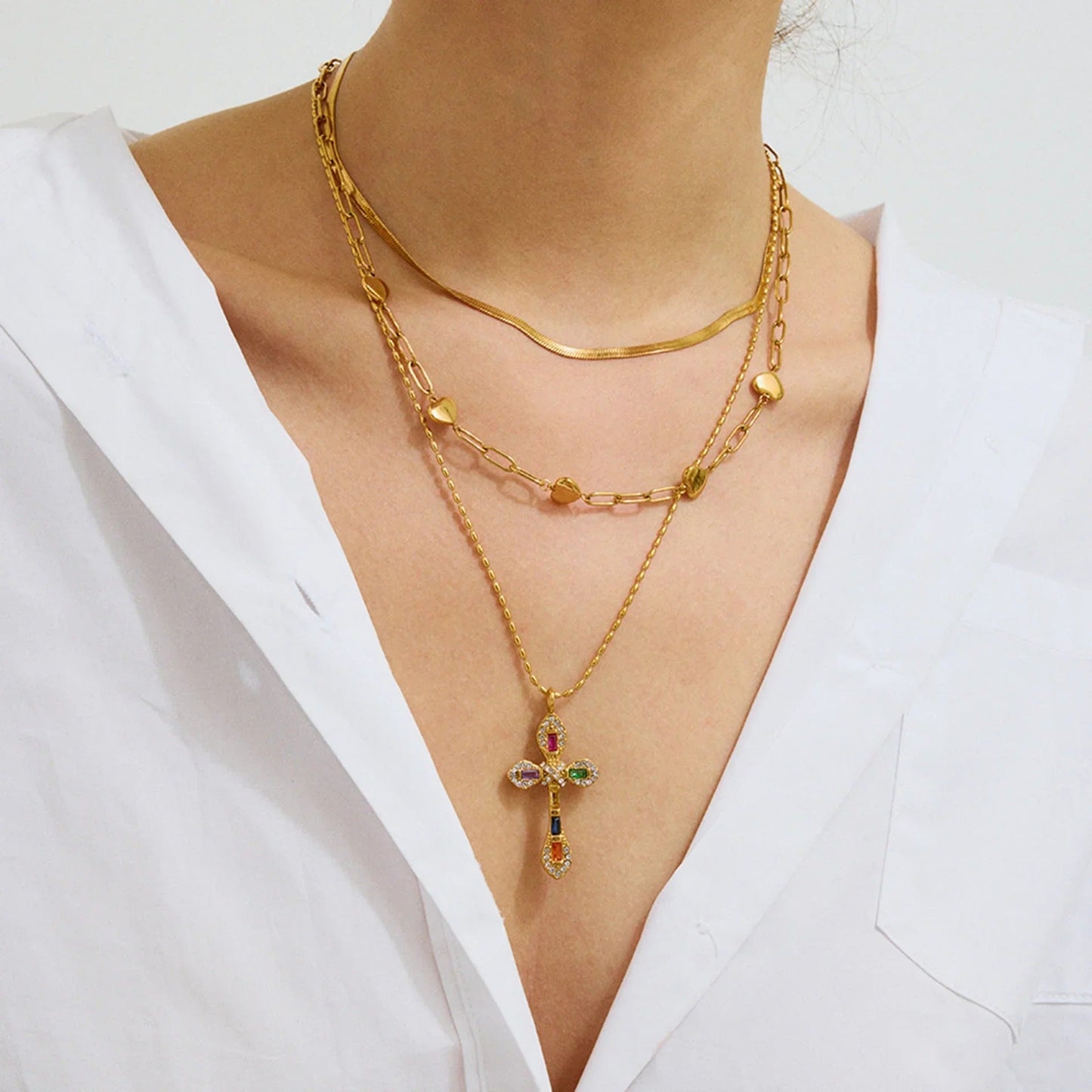 Multi-jewel 18K Gold Titanium Steel Cross Necklace