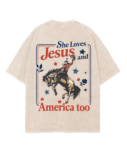 She Loves Jesus And America Double Sided Unisex Washed Christian T-shirt