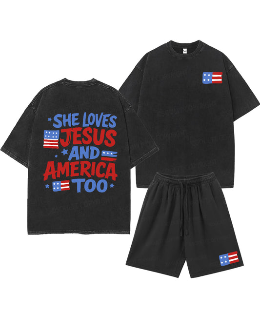 She Loves Jesus And America Too Double Sided Unisex Christian Washed T-Shirt & Shorts