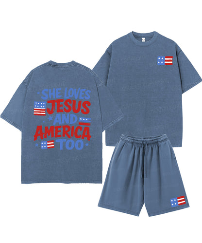 She Loves Jesus And America Too Double Sided Unisex Christian Washed T-Shirt & Shorts