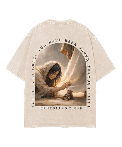 For It Is By Grace You Have Been Saved, Through Faith Double Sided Unisex Washed Christian T-shirt