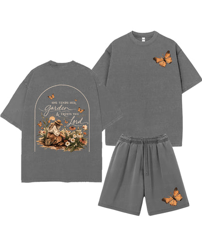 She Tends Her Garden Double Sided Unisex Christian Washed T-Shirt & Shorts